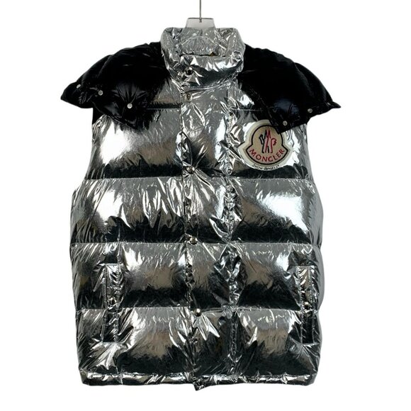 Moncler Snow Angels Metallic Silver Puffer Vest With Black Accents